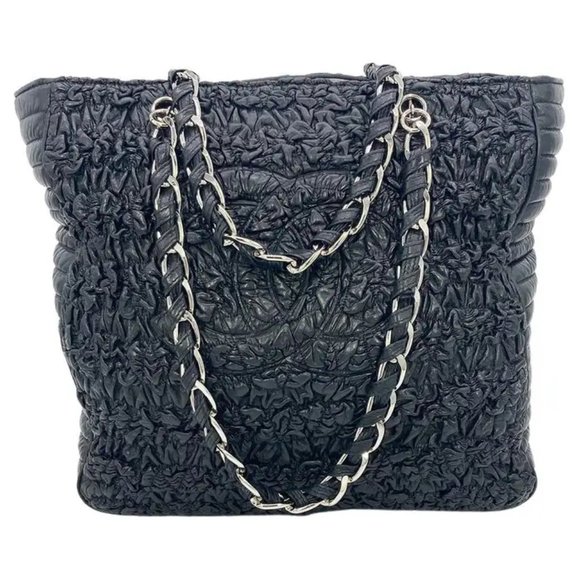 Chanel Astrakhan Black Leather Ruched Shopping Tote - Picture 1 of 14